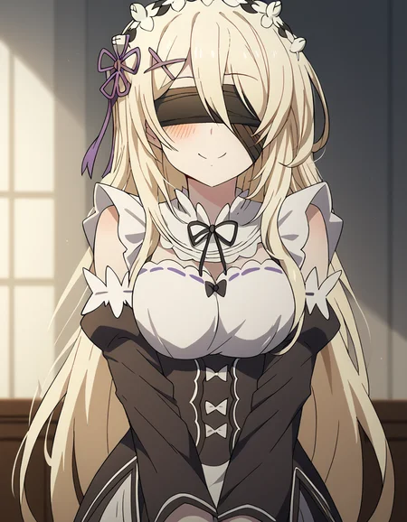 score_9, score_8_up, score_7_up, source_anime, <lora:sword-maiden-s2-ponyxl-lora-nochekaiser:1>, sword maiden, long hair, bangs, blonde hair, blindfold, covered eyes, black blindfold, large breasts, <lora:rezero-ram-cosplay-ponyxl-lora-nochekaiser:1>, rezero rem cosplay, rem (re:zero) (cosplay), roswaal mansion maid uniform, cosplay, maid, enmaided, underbust, detached sleeves,, indoors, smile, blush, v arms, cowboy shot, looking at viewer