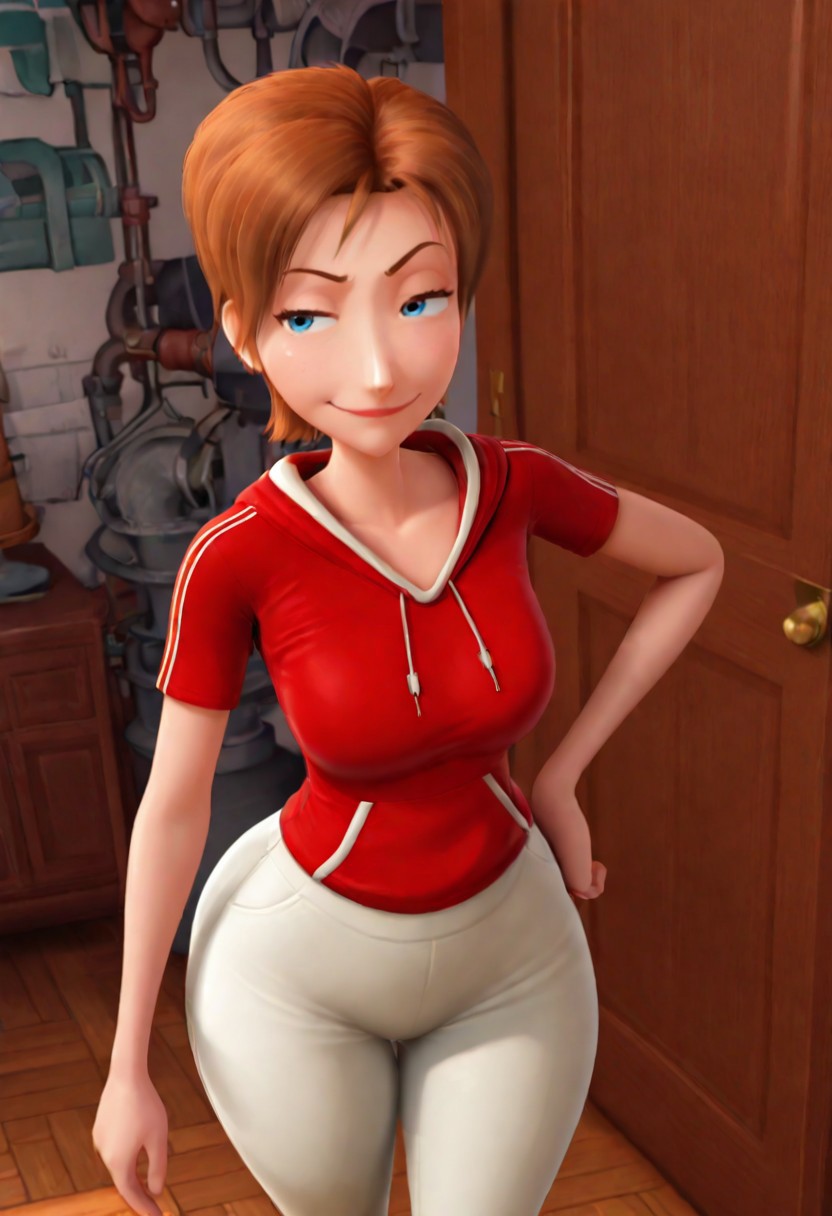 score_9, score_8_up, score_7_up, ultra quality, solo, 1girl, S0e, 1girl, solo, short hair, brown hair, blue eyes, red jacket, short sleeves, white pants, smug smile, hips focus, breasts, big hips, big butt, bubble butt, curvy, narrow waist, standing, upper body, view from above, looking to the viewer, close up, screencap