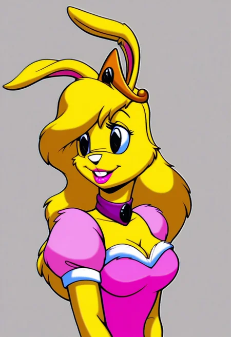 score_9, score_8_up, score_7_up, score_6_up, score_5_up, score_4_up, retro artstyle, BREAK
LoriJackRabbitPXL, rabbit girl, long blonde hair, yellow fur,1girl, breasts, solo, pink dress, dress, traditional media, cleavage, crown,black eyes, furry, yellow skin, large breasts, puffy sleeves, puffy short sleeves, short sleeves, furry female, makeup, choker,yellow hair, lipstick, marker \(medium\), upper body
<lora:lorijackrabbit-v1:0.9>