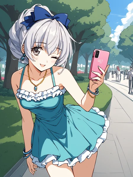 score_9, score_8_up, score_7_up, score_6_up, source_anime, BREAK
1girl, <lora:FMP_Teletha_Testarossa_Pony_v1:0.9>, (ultra-detailed:1.5), (outdoors, park, crowds:1.5), (ruffle dress:1.5), teal dress, sleeveless, bare shoulders, bow, jewelry, grey hair, hair bow, one eye closed, necklace, bracelet, grey eyes, phone, musical note, eighth note, earphones, digital media player, listening to music, smile, bare legs, thigh gap, thighs, small breasts, miniskirt,