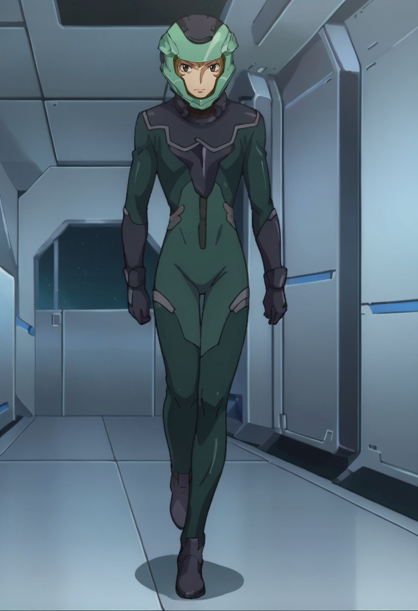 score_9,score_8_up,score_7_up,anime coloring BREAK source_anime,anime,<lora:Hiling_Care_Gundam_00_Pony:0.8>,hiling,1other,solo,pilot suit,helmet,walking,indoors,spacecraft,