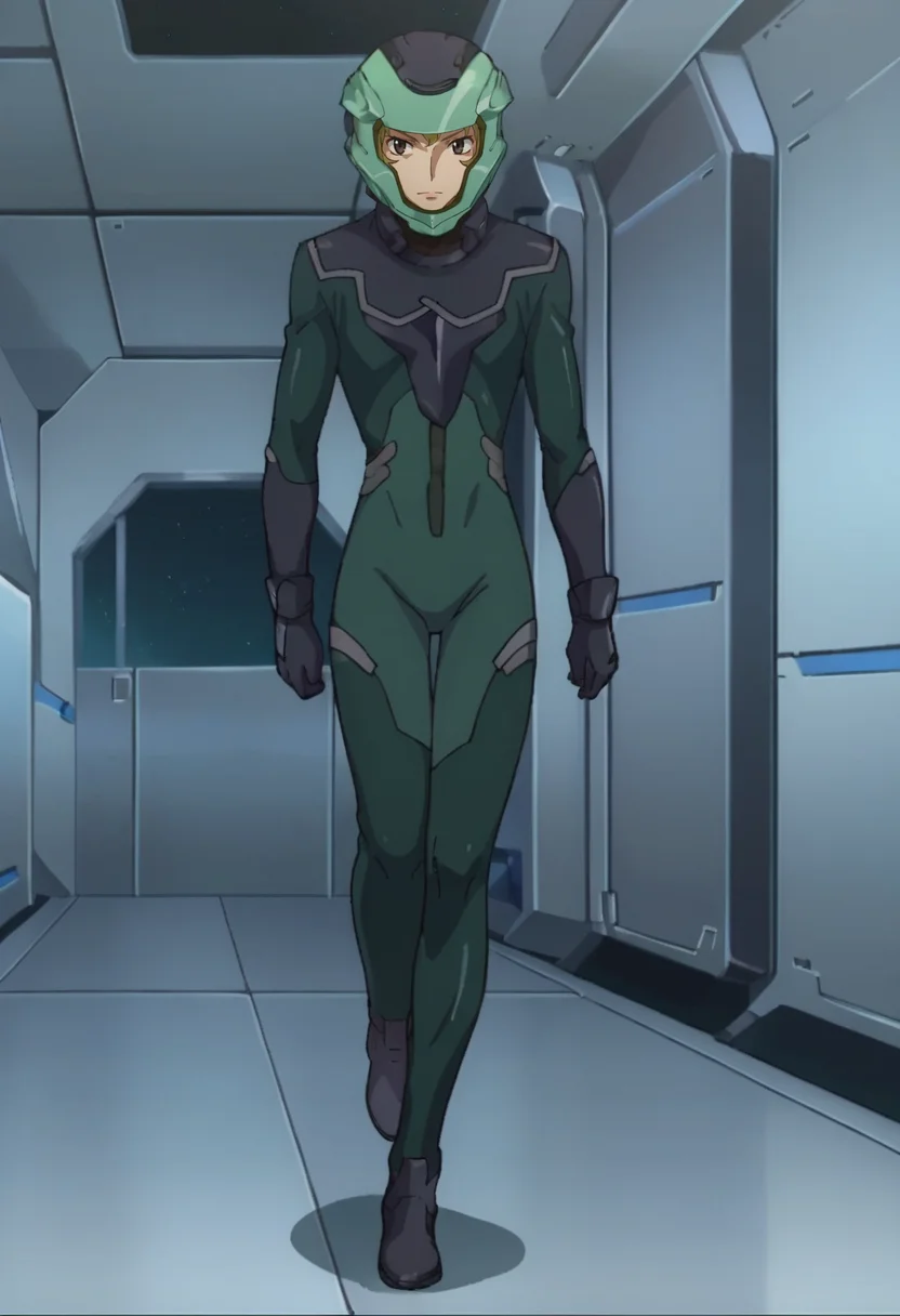 score_9,score_8_up,score_7_up,anime coloring BREAK source_anime,anime,<lora:Hiling_Care_Gundam_00_Pony:0.8>,hiling,1other,solo,pilot suit,helmet,walking,indoors,spacecraft,