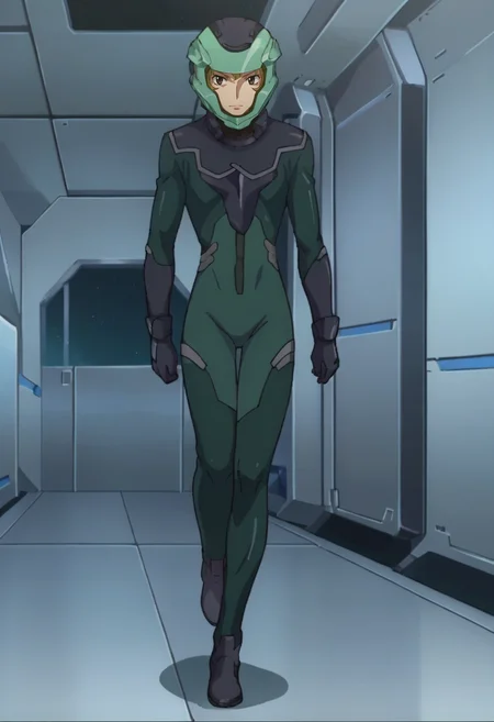 score_9,score_8_up,score_7_up,anime coloring BREAK source_anime,anime,<lora:Hiling_Care_Gundam_00_Pony:0.8>,hiling,1other,solo,pilot suit,helmet,walking,indoors,spacecraft,