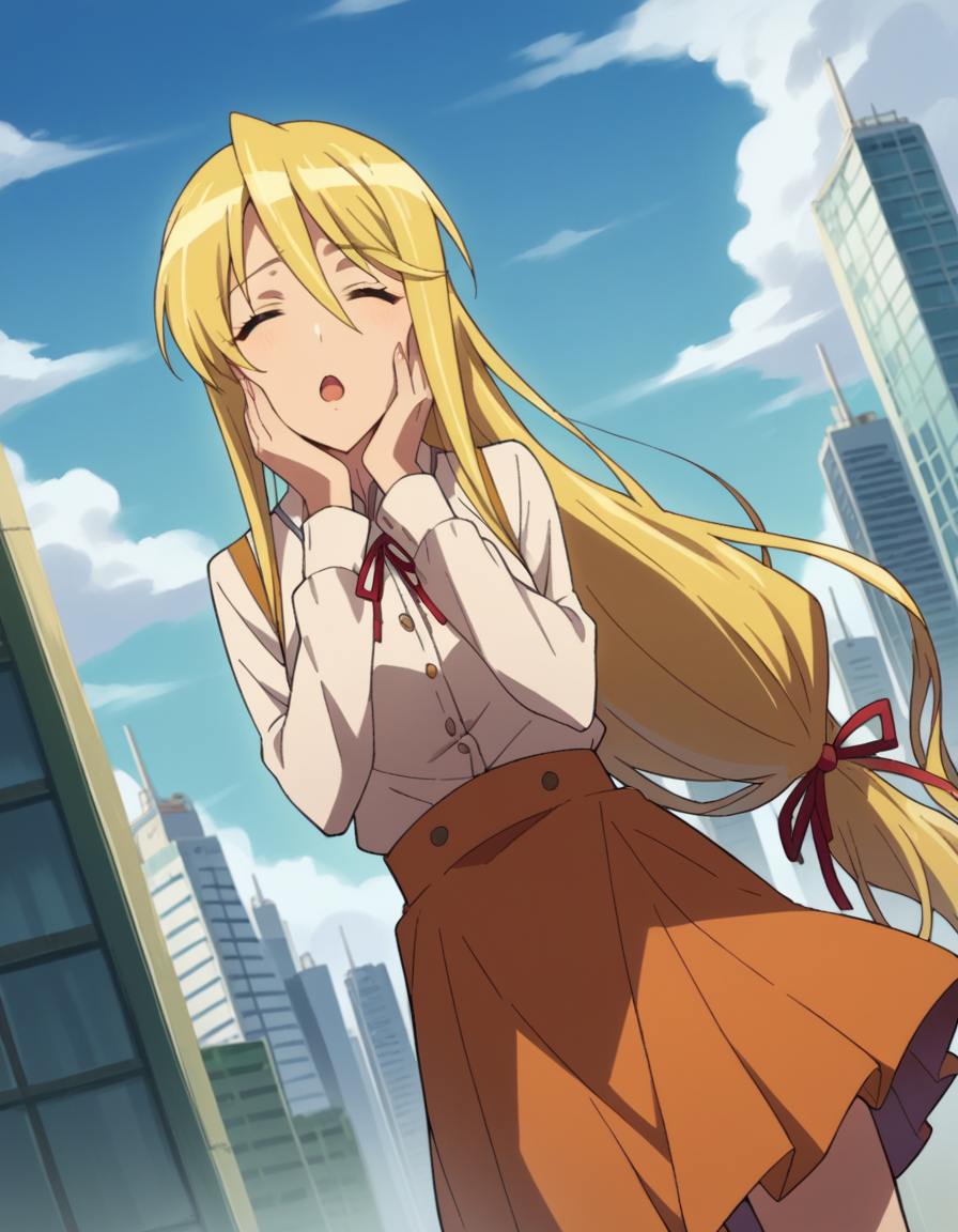 score_9, score_8_up, score_7_up, source_anime,
shizukamarikawa, <lora:shizuka-marikawa-ponyxl-lora-nochekaiser:1>,
shizuka marikawa, long hair, blonde hair, very long hair, low-tied long hair, closed eyes, hair between eyes, hand on own cheek, open mouth,
skirt, shirt, long sleeves, ribbon, white shirt, frills, centered frills,
outdoors, cityscape,
looking at viewer, cowboy shot, dutch angle,