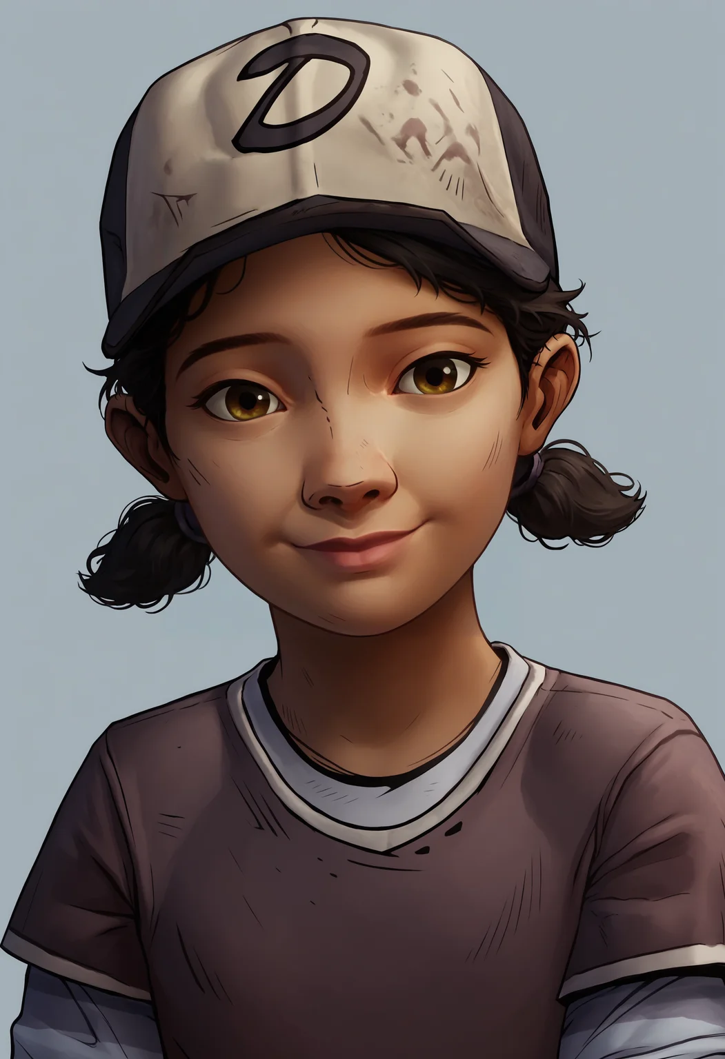 score_9, score_8_up, score_7_up, score_6_up, score_5_up, score_4_up, 1girl, <lora:ClementineS2:0.85> black hair, short twintails, brown eyes, dark skin, shirt, layered sleeves, short over long sleeves, long sleeves, pants, hat, baseball cap, upper body, lips, smile, looking at viewer, head tilt,
(light blue background), simple background,