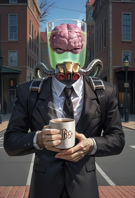 Detailed, masterpiece,  stylish,  2d art, cartoon, dhfred holding coffee mug,  black suit, 1boy, , solo, rotting bony hands