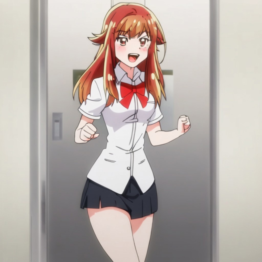 aoi yuzuki , uniform , standing ,  hand gestures ,  full body , sexy legs , blush , smile , mouth open