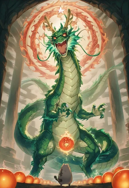 Bosstyle, Pusheen summoning a giant green Dragon: Capture the essence of nostalgia and color in this animated illustration. Dominating the scene is a meticulously detailed, translucent green scaled chinese dragon with burning red eyes, adorned with vibrant patterns, blending seamlessly with its surroundings. masterpiece, best quality, amazing quality, no humans, Pusheen, ((Pusheen standing next to 7 orange balls that have stars on them)), summoning, shenron, extremely long green dragon shenron,