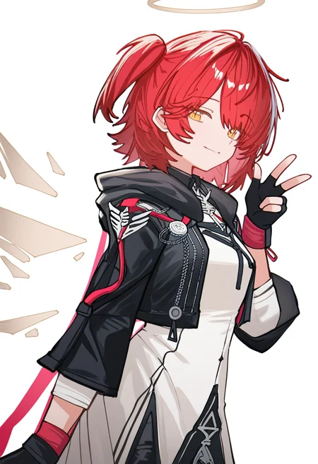 Exusiai the New Covenant,open jacket,one side up,right side ponytail,1girl, solo, looking at viewer, smile, simple background, long sleeves, white background,closed mouth, hand up, hood,, v, one side up, hood down, w,exusiai \(arknights\), 1girl, solo, looking at viewer, smile, short hair, simple background, long sleeves, white background, gloves, dress, closed mouth, jacket, white shirt, yellow eyes, red hair, wings, black gloves, hand up, hood, fingerless gloves, white dress, halo, black jacket, v, one side up, hood down, w, detached wings, energy wings,masterpiece,best quality,newest,absurdres,highres,very awa, <lora:None:1.0> <lora:Exusiai_the_New_Covenant_r1:0.9500000000000002> <lora:Anon_Style2:0.9500000000000002>