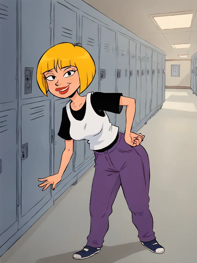 nazz, lips, white vest, 1girl, black t-shirt, solo, blonde hair, short hair, purple pants, bob cut,smile,looking at viewer,simple background, breasts, school,locker, hallway, <lora:Smooth Anime Style LoRA XL:1> <lora:NazzPony1.0:0.6>,