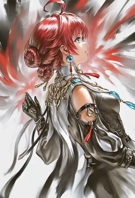 1girl, solo, jewelry, blue eyes, earrings, gloves, red hair, ahoge, black gloves, white background, shoulder cutout, braid, dutch angle, from side, long sleeves, hair bun, clothing cutout, necklace, upper body, short hair, parted lips, profile, simple background, dress <lora:YLXL_NBVP1_lokr_V6311P:0.95>