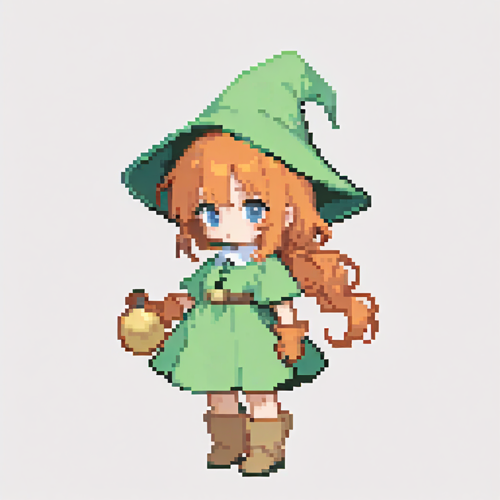 pixel art, chibi, 
1girl, hat, orange hair, blue eyes, long hair, gloves, green dress, boots, holding,
solo, standing, full body,
(white background, simple background:1.3),  <lora:ElinSpriteNoobLocon_byKonan:1>