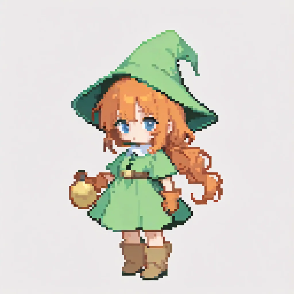 pixel art, chibi,
1girl, hat, orange hair, blue eyes, long hair, gloves, green dress, boots, holding,
solo, standing, full body,
(white background, simple background:1.3), <lora:ElinSpriteNoobLocon_byKonan:1>