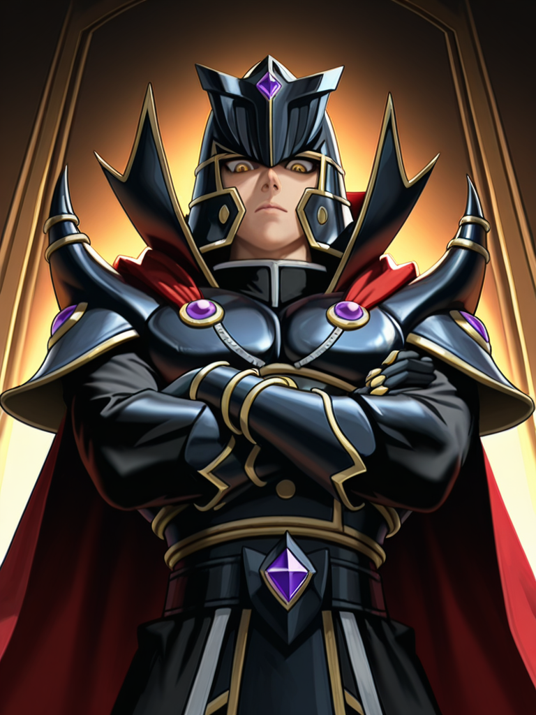 1boy,  upper body,  crossed arms,looking down,from below, crossed arms,
<lora:supreme_kinh:0.9> Supre2meGXKing,black helmet, black armor,red cape,  yellow eyes, <lora:illustrious_noobai_epsilon_pred_11_very_aesthetic_v1:1>, masterpiece, high quality, absurdres, best quality, very aesthetic, newest, ,, ((Masterpiece, best quality, high definition, 8k, ultra-detailed, perfect illumination, finely detail, highly detailed face,highly detailed body)), (photorealistic), best lighting, best shadows, intricate detail, high quality, colored, professional, detailed skin texture, soft lighting, atmospheric, expressive eyes, perfect face,