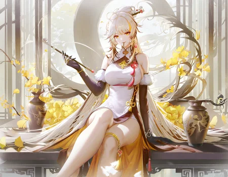 amazing quality, best quality, 1girl, ningguang (genshin impact), long hair, solo, gloves, hair ornament, elbow gloves, crossed legs, white hair, dress, black gloves, sitting, holding smoking pipe, red eyes, claw ring, breasts, looking at viewer, tassel, parted bangs, chinese clothes, very long hair, bangs, holding, china dress, ginkgo leaf, large breasts, smile, hairpin, white dress, bare shoulders, yellow dress, detached sleeves, hair stick, sidelocks, thighs, jewelry, kiseru, leaf, fur collar, table, <lora:inoriac:1>