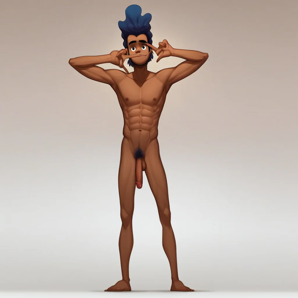 Hector High Five Nieves, solo, dark skin, blue hair,1boy, dark-skinned male, afro, pubic hair, completely nude, abs, penis, balls, standing, score_9, score_8_up, score_7_up, score_6_up <lora:vinceteaa_020_04v2-step00000400r:1> good face, good eyes, looking at viewer, full body,