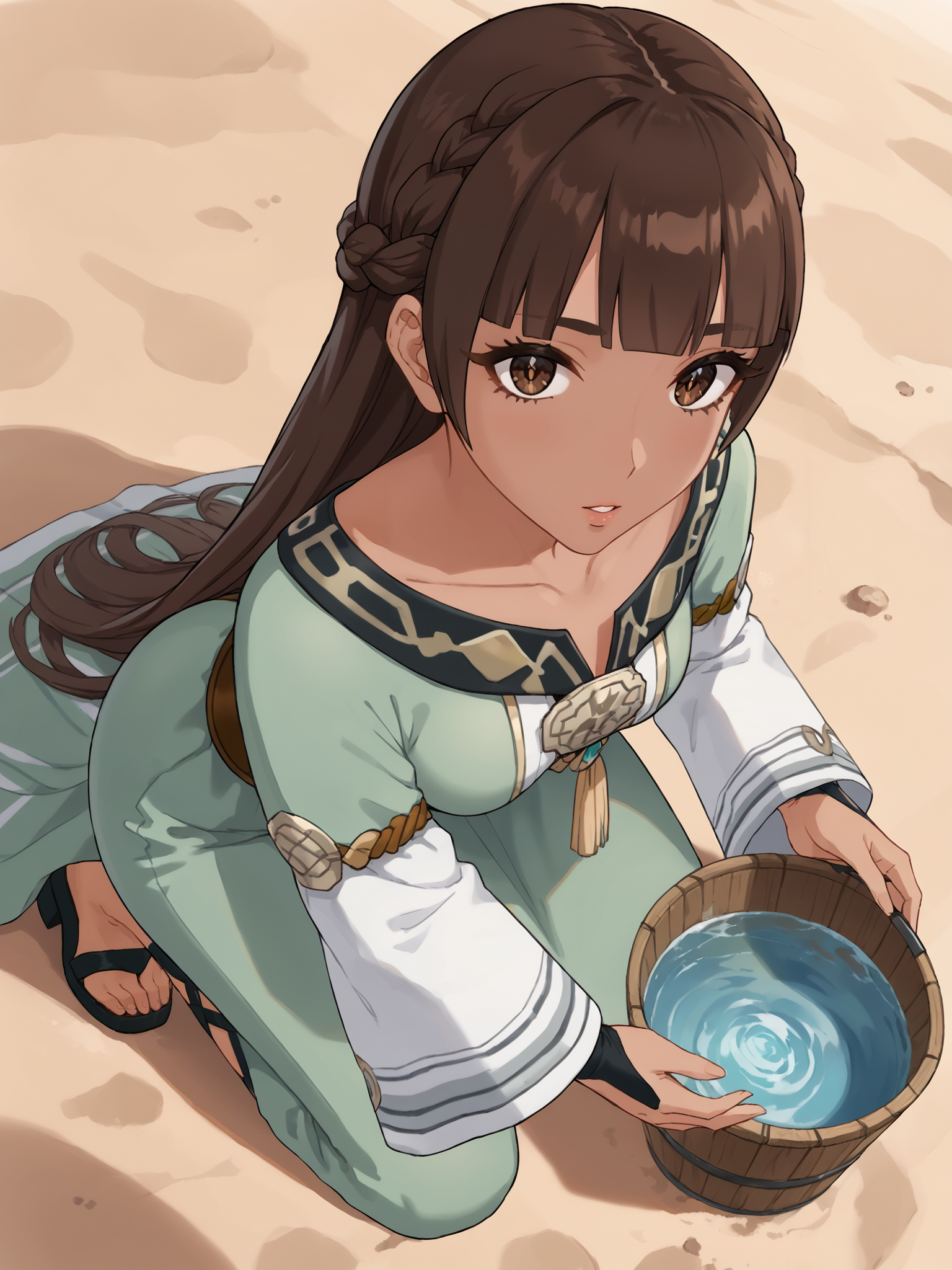 score_9, score_8_up, score_7_up, source_anime, BREAK
<lora:age_slider_v4:0>, (detailed eyes, detailed face, beautiful eyes, long eyelashes, thick eyelashes:1.5), (desert oasis:1.5), (kneeling, old well:1.5), (crouching:1.5), from side, (collecting water in bucket:1.5), wooden bucket, dutch angle, (perspective:1), (from above:0.3), pov, (confused:1), parted lips,
 <lora:Genshin_NPC_NerminRaef_Pony_v1:0.75>, gnermin, brown hair, brown eyes, bangs, (very long hair:1.1),  (dark skin, very dark skin:1.5), green dress, (long dress:1.3), long sleeves, wide sleeves, white sleeves, sandals, black footwear, black bridal gauntlets, crown braid, (looking at viewer:1.4), (wide hips:1.5), collarbone,