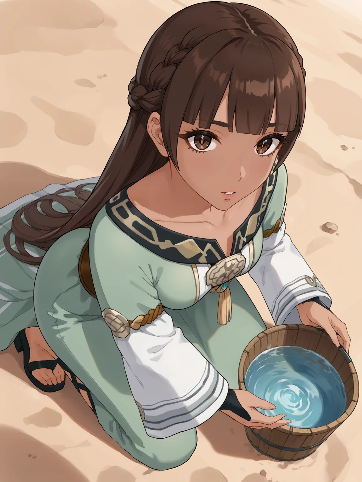 score_9, score_8_up, score_7_up, source_anime, BREAK
<lora:age_slider_v4:0>, (detailed eyes, detailed face, beautiful eyes, long eyelashes, thick eyelashes:1.5), (desert oasis:1.5), (kneeling, old well:1.5), (crouching:1.5), from side, (collecting water in bucket:1.5), wooden bucket, dutch angle, (perspective:1), (from above:0.3), pov, (confused:1), parted lips,
 <lora:Genshin_NPC_NerminRaef_Pony_v1:0.75>, gnermin, brown hair, brown eyes, bangs, (very long hair:1.1),  (dark skin, very dark skin:1.5), green dress, (long dress:1.3), long sleeves, wide sleeves, white sleeves, sandals, black footwear, black bridal gauntlets, crown braid, (looking at viewer:1.4), (wide hips:1.5), collarbone,