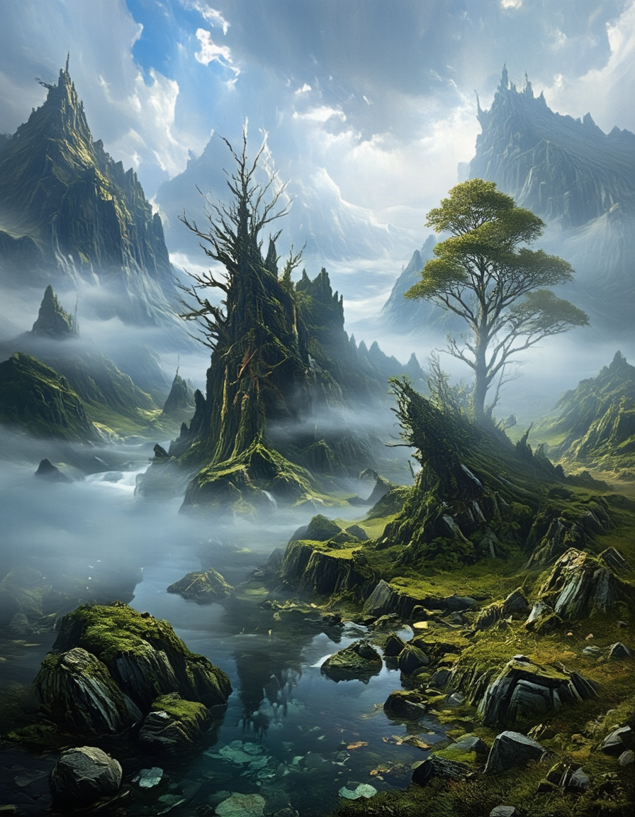 <lora:Medieval_Worlds_Scenery01cflux:1> mwl01, scenery, landscape, mountains, rocks, lake, tree, lots of mist, moss, lost ambiance,