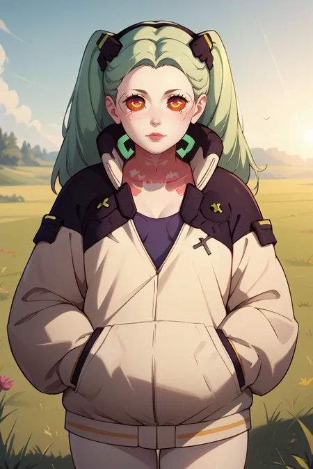 score_9, score_8_up, score_7_up, score_6_up
<lora:ERRebecca:1.0>
ERRebecca, 1girl, green hair, twin tails, red pupils, colored sclera, white skin, red tattoo, looking at viewer, standing in a field of lavender, hands in pockets, slight breeze blowing hair, warm golden hour sunlight, serene and peaceful mood