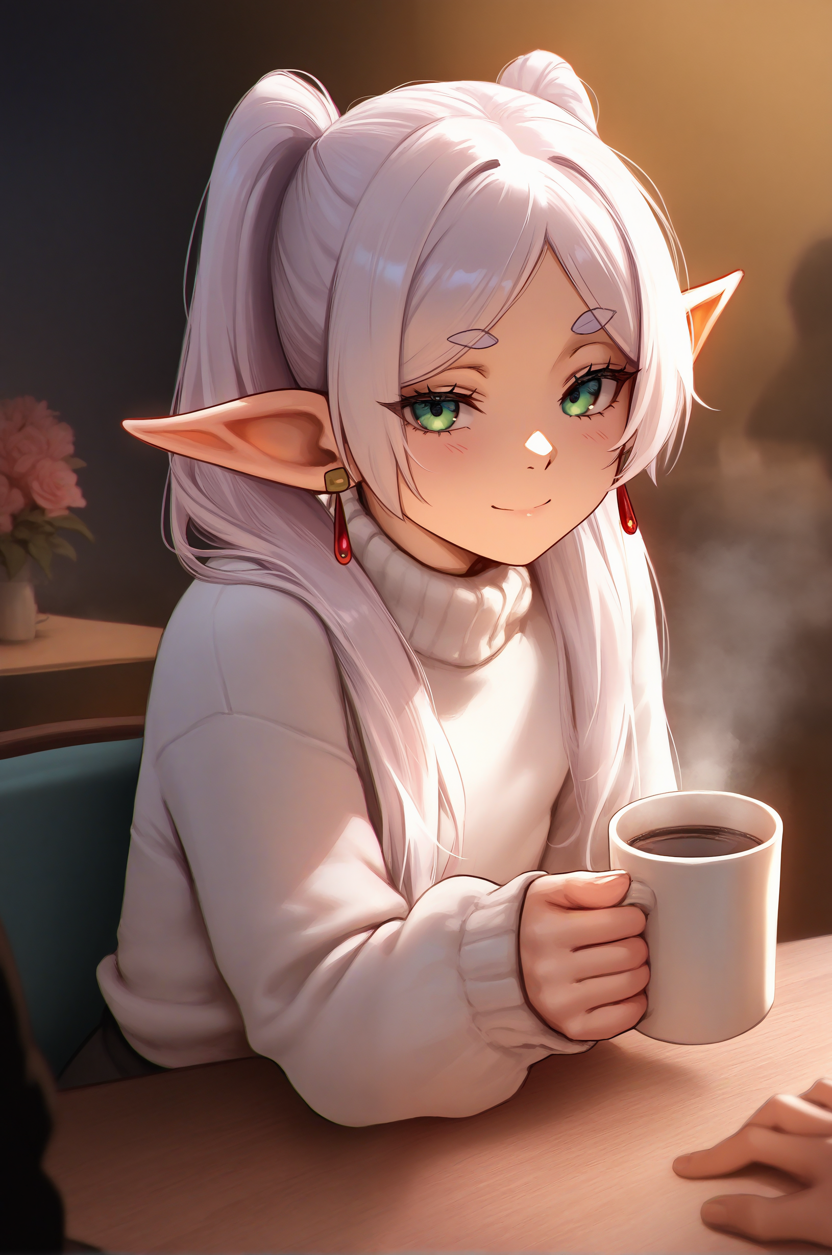 1girl, frieren, sensitive, coffee mug, table, cafe, solo focus, sitting, looking at viewer, hand on table, bouquet, flower, vase, (steam:1.3), white sweater, cozy, light smile, warm lighting, holding cup, (axsen, as109:0.8), masterpiece, best quality, very awa, newest