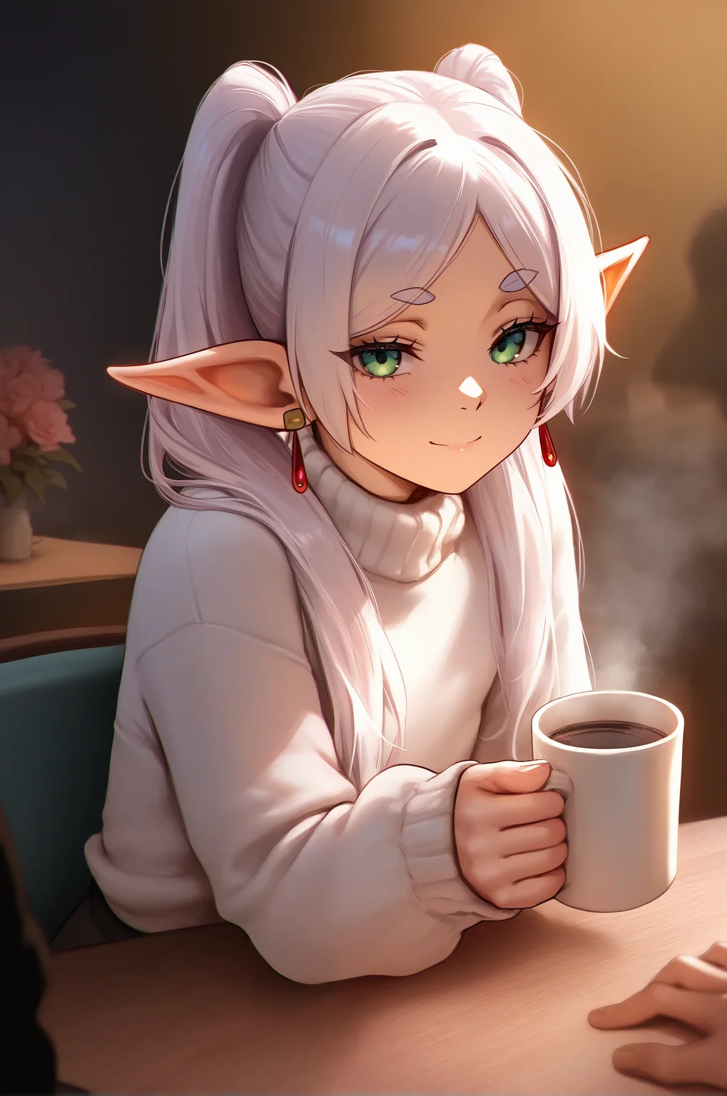 1girl, frieren, sensitive, coffee mug, table, cafe, solo focus, sitting, looking at viewer, hand on table, bouquet, flower, vase, (steam:1.3), white sweater, cozy, light smile, warm lighting, holding cup, (axsen, as109:0.8), masterpiece, best quality, very awa, newest