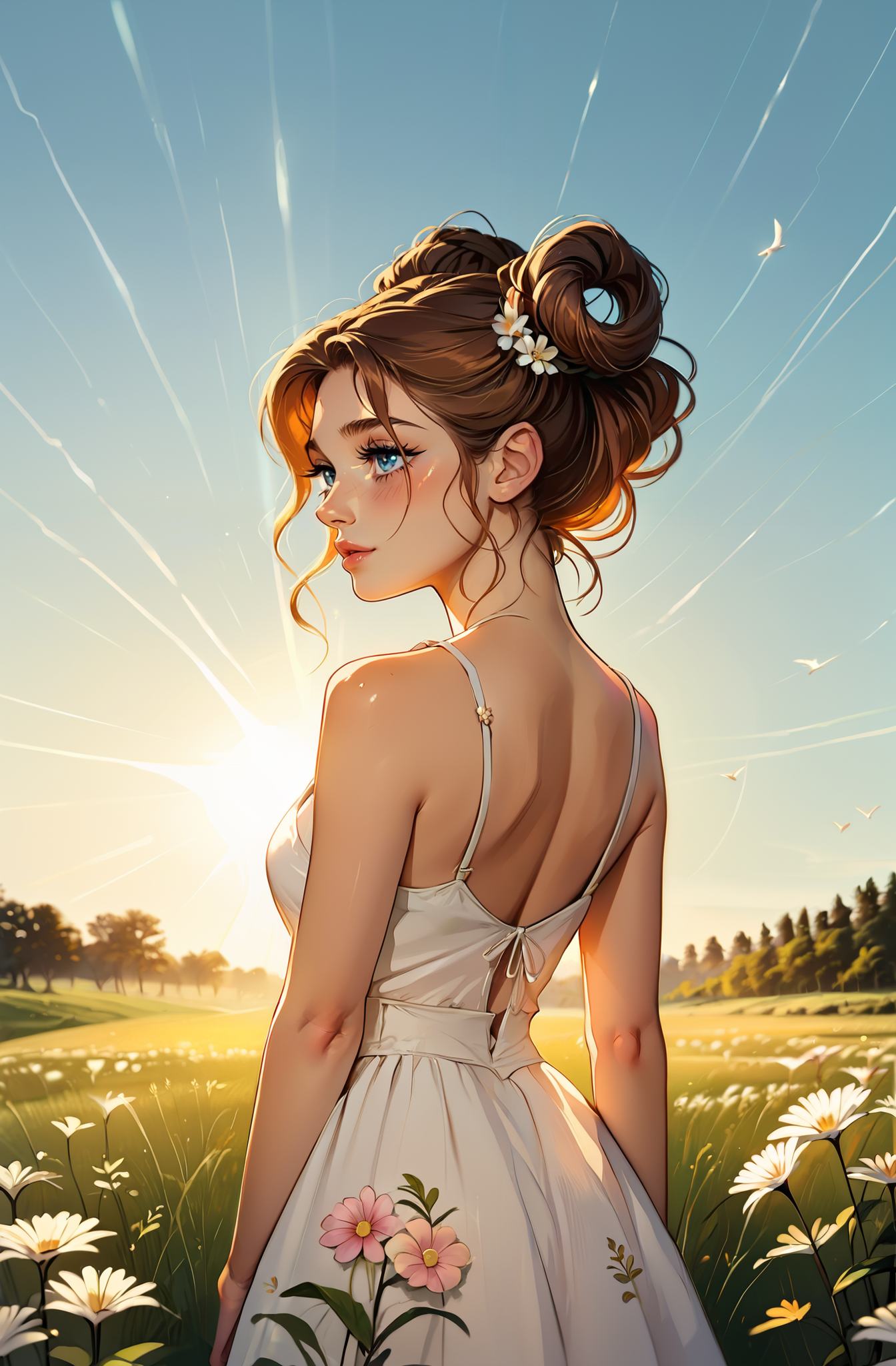 score_9, score_8_up, score_7_up, score_6_up, ),  1mg1mg , masterpiece,best quality, highly detailed, masterpiece,best quality, highly detailed, source_cartoon, uncensored, rating_explicit, casual, shiny skin, shiny highlights, emphasis lines, back view,
vast wheat field gently swaying in the breeze, golden stalks stretching as far as the eye can see, soft warm sunlight filtering through the clouds, creating a golden glow over the landscape, a narrow dirt path winding through the field, distant rolling hills silhouetted against the sky, small wildflowers dotting the edges of the field with splashes of color, the atmosphere peaceful and serene, birds occasionally fluttering across the sky, evoking a sense of calm and connection with nature,
adorable and beautiful young woman with long, wavy chestnut brown hair styled into double buns, a few loose strands framing her face, bright blue eyes with a gentle, inviting sparkle, smooth fair skin with a natural blush, wearing a light pink sundress with delicate floral patterns, cheerful and warm expression, relaxed posture, standing in soft natural lighting that highlights her natural hair color and delicate features, exuding a charming and playful vibe, a perfect blend of elegance and sweetness, radiating warmth and beauty with a gentle smile,
highly detailed, intricate details in hair and makeup, masterpiece, best quality, ultra highres, original, extremely detailed, perfect lighting
<lora:incase---1:0.5> <lora:S1_Dramatic_Lighting_v2:0.5> s1_dram  <lora:1mg1mgXLP:0.6>   <lora:GarvGirlsPony:0.7>