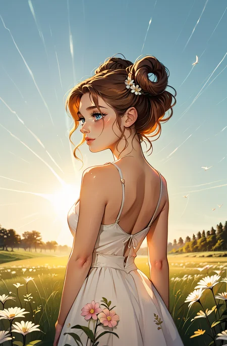 score_9, score_8_up, score_7_up, score_6_up, ),  1mg1mg , masterpiece,best quality, highly detailed, masterpiece,best quality, highly detailed, source_cartoon, uncensored, rating_explicit, casual, shiny skin, shiny highlights, emphasis lines, back view,
vast wheat field gently swaying in the breeze, golden stalks stretching as far as the eye can see, soft warm sunlight filtering through the clouds, creating a golden glow over the landscape, a narrow dirt path winding through the field, distant rolling hills silhouetted against the sky, small wildflowers dotting the edges of the field with splashes of color, the atmosphere peaceful and serene, birds occasionally fluttering across the sky, evoking a sense of calm and connection with nature,
adorable and beautiful young woman with long, wavy chestnut brown hair styled into double buns, a few loose strands framing her face, bright blue eyes with a gentle, inviting sparkle, smooth fair skin with a natural blush, wearing a light pink sundress with delicate floral patterns, cheerful and warm expression, relaxed posture, standing in soft natural lighting that highlights her natural hair color and delicate features, exuding a charming and playful vibe, a perfect blend of elegance and sweetness, radiating warmth and beauty with a gentle smile,
highly detailed, intricate details in hair and makeup, masterpiece, best quality, ultra highres, original, extremely detailed, perfect lighting
<lora:incase---1:0.5> <lora:S1_Dramatic_Lighting_v2:0.5> s1_dram  <lora:1mg1mgXLP:0.6>   <lora:GarvGirlsPony:0.7>