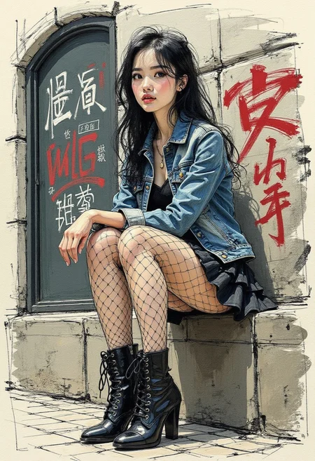 colored sketch in the style of ck-ccd, young Asian woman in a denim jacket, short ruffled skirt, fishnet tights, black high heel boots, sitting in front of a stone wall covered in anime-themed graffiti, long loose hair, outdoors