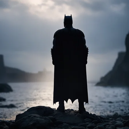 cinematic film still of <lora:perfection style:0.6>
<lora:gotham city style v2:0.8>
<lora:Chiaroscuro Lighting Style:0.6>
In Gotham City a silhouette batman in a cape standing on a rocky beach,solo,1boy,standing,male focus,outdoors,sky,from behind,cape,helmet,fire,scenery , detailed, real, different, unique, cinematic, dramatic, concept art, filmic, detailed background, detailed settings, artstation, gothic New York, gotham city style, shallow depth of field, vignette, highly detailed, high budget, bokeh, cinemascope, moody, epic, gorgeous, film grain, grainy