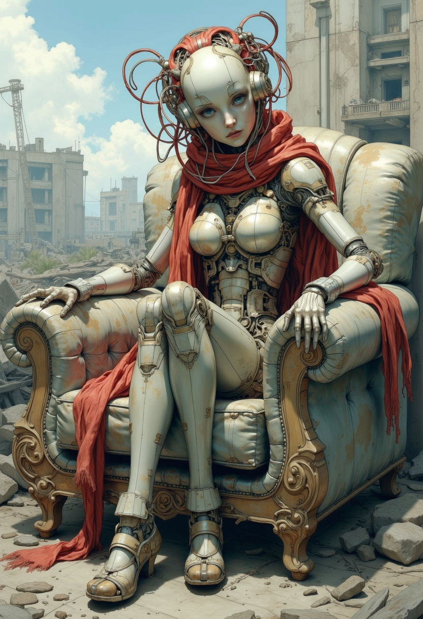anime, female robot sitting on obsolete dirty sofa on junkyard,red scarf, hair made of cables