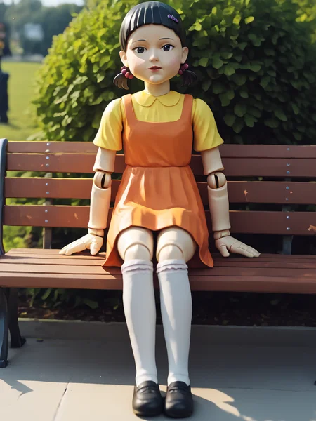 score_9, score_8_up, score_7_up, score_6_up, BREAK, Squidgamedoll, 1girl, solo, short hair, black hair, black eyes, orange dress, hair ornament, socks, doll joints, hair bobbles, short twintails, kneehighs, yellow shirt, in the park, sitting on a bench, looking at viewer <lora:Squidgamedoll:1>