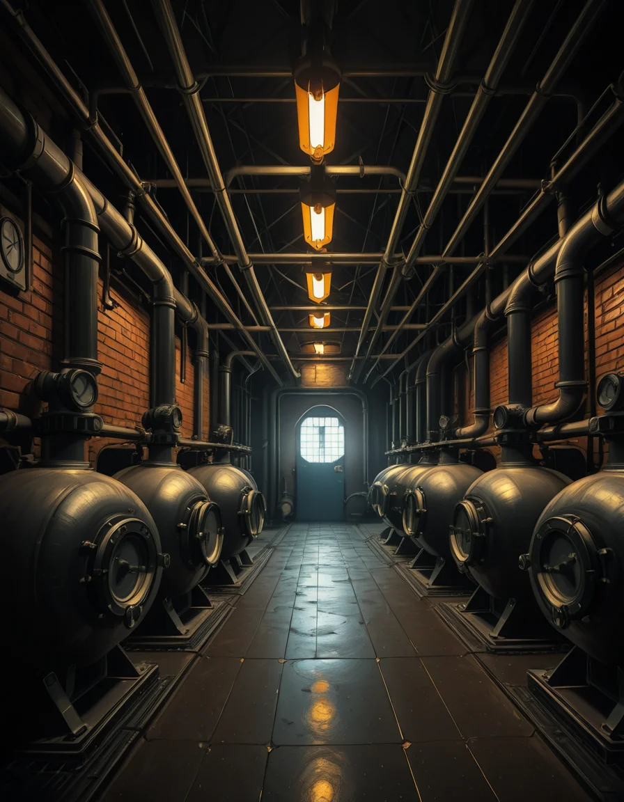 A highly detailed and realistic photograph of an industrial boiler room filled with large metal boilers, complex pipe systems, and pressure gauges. The room is dimly lit with a mix of warm yellow lighting from overhead industrial lamps and cool blue reflections from metallic surfaces. The air is slightly hazy with steam escaping from some of the pipes. The floor is made of reinforced concrete with visible stains from oil and water. Various control panels with blinking LED indicators and warning signs are mounted on the walls. The atmosphere is rugged and mechanical, evoking a sense of power and industrial efficiency. The depth of field is sharp, capturing intricate details such as rust on old pipes, the texture of the metal surfaces, and the labels on the control panels. The composition emphasizes symmetry, with pipes and machinery creating a structured, almost futuristic aesthetic.
<lora:SDXLFaeTastic2400:0.4> <lora:extremely_detailed:0.4> extremely detailed, <lora:industrial_boiler_room-i:1>,industrial b01l3r r00m, Masterpiece,best quality,hi res,8k,hi res,8k,award winning,(sharp focus, intricate, highly detailed),