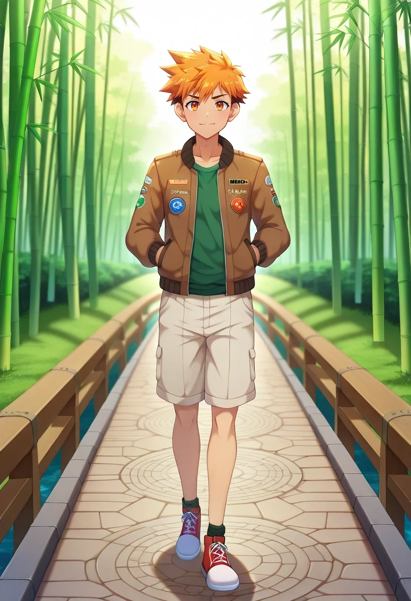 masterpiece, best quality, , anime screencap, anime coloring, official style, looking at viewer, depth of field, 1boy, solo, male focus, <lora:hiro_akiba_ilxl:0.94>, hiro_akiba, orange hair, orange eyes, short hair, uniform, bamboo sanctuary, stone paths, koi streams, wooden bridges, peaceful walk, serene expression, misty morning, Linen shorts, Periwinkle Bomber jacket, , Flat cap,