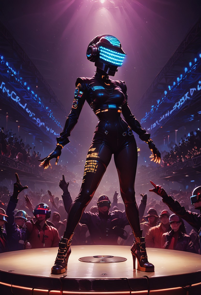 score_9, score_8_up, score_7_up, rave, helmet, skintight bodysuit, dj, Tron, mix table, concert, linear laser light show, crowd, dark tone, bright lasers, edm, edm concert, edm turntable, high energy, edm mix, laser beams, neon light trails, neon light show, highly detailed, intricate, zzCitronLegacy, daft punk, daft punk helmet, 1girl, adult, edm festival