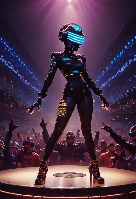 score_9, score_8_up, score_7_up, rave, helmet, skintight bodysuit, dj, Tron, mix table, concert, linear laser light show, crowd, dark tone, bright lasers, edm, edm concert, edm turntable, high energy, edm mix, laser beams, neon light trails, neon light show, highly detailed, intricate, zzCitronLegacy, daft punk, daft punk helmet, 1girl, adult, edm festival