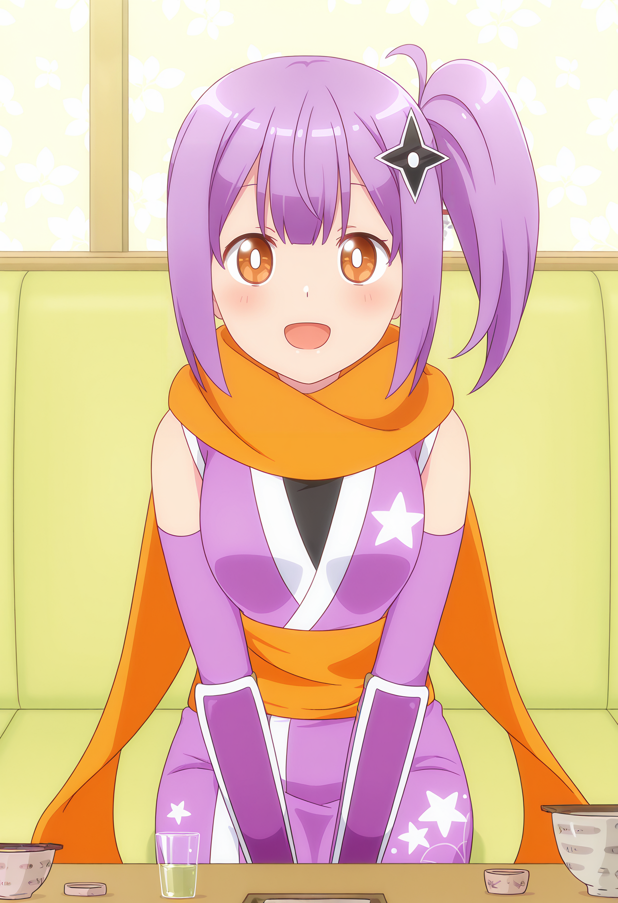 <lora:Kusagakure_Satoko_Illustrious-000055:1>,
fingerless gloves,Kusagakure Satoko,solo,scarf,smile,looking at viewer,open mouth,bowl,:d,japanese clothes,long hair,sitting,orange scarf,cup,table,blush,purple gloves
