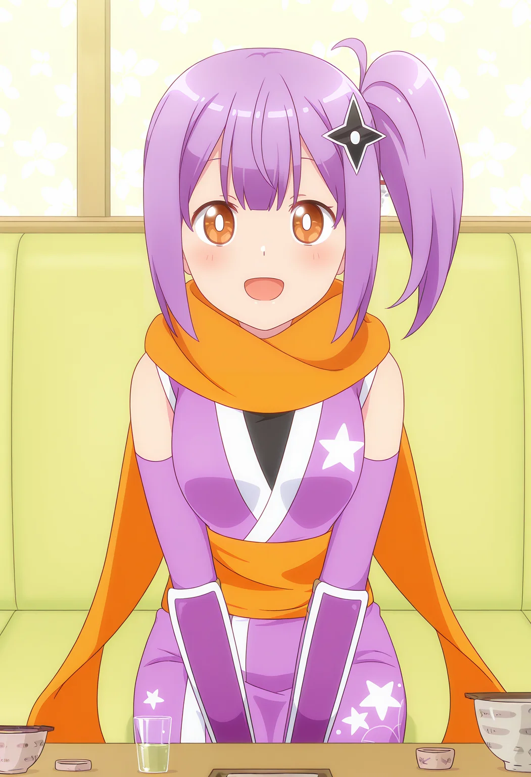 <lora:Kusagakure_Satoko_Illustrious-000055:1>,
fingerless gloves,Kusagakure Satoko,solo,scarf,smile,looking at viewer,open mouth,bowl,:d,japanese clothes,long hair,sitting,orange scarf,cup,table,blush,purple gloves