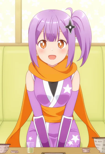 <lora:Kusagakure_Satoko_Illustrious-000055:1>,
fingerless gloves,Kusagakure Satoko,solo,scarf,smile,looking at viewer,open mouth,bowl,:d,japanese clothes,long hair,sitting,orange scarf,cup,table,blush,purple gloves