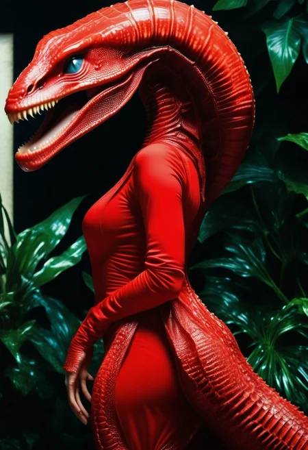 ReptileSkin01_CE_SDXL, beautiful female, Bthalatta, score_9, score_8_up, score_7_up, score_6_up, score_5_up, score_4_up, UHD, 8K, masterpiece, detailed, ultra_high_resolution, lots of detail, OverallDetailXL, detailxl, Masterpiece, 32k, (photorealistic:1.4), small waist, fitness body, toned muscles, wide hips, slender legs, high cheekbones, oval face, 32 years old, mature female, milf, makeup, curvy, pretty face,  jewelry, solo, seductive smile, sultry, serious stare, stern look, natural skin, long hair, realistic photograph, perfect hair, natural eyes, coffee shop, (red Victorian dress made of reptile skin:2.8), (high neck closure:2), (fully dressed:3.6), natural hands, (clothes made from reptile skin:2), (reptile_skin:4), mature brunette, (perfect anatomy), (anatomically correct:1.5).
