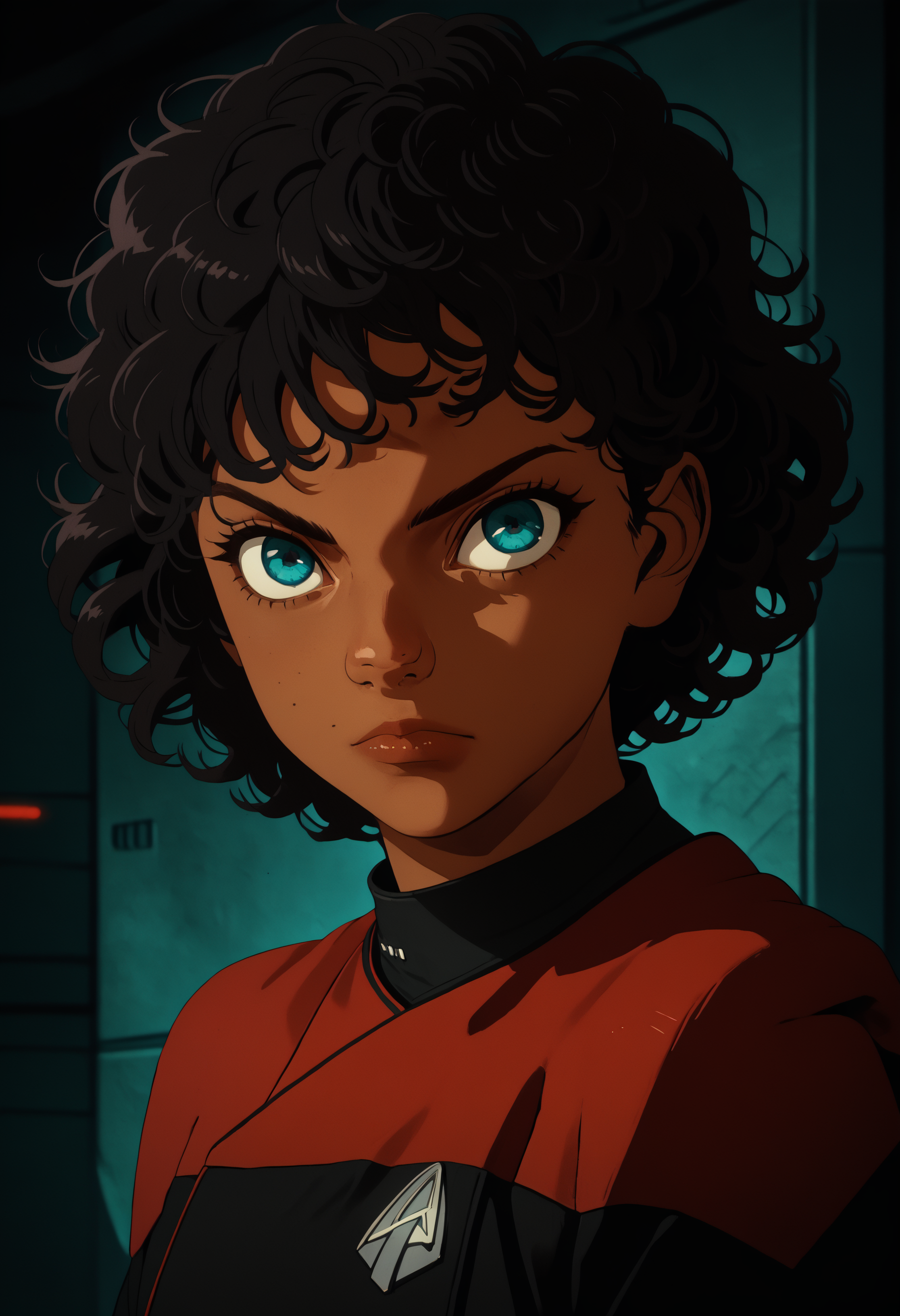 score_7_up, kabrudm,solo, short hair, black hair, curly hair, blue eyes, dark skin
pcdst,Star trek uniform,red,red shoulders,black jumpsuit
,<lora:PicardPony-000050> <lora:Kabru__Dungeon_Meshi_Pony:0.8>, <lora:Kenva_Enhanced:0.8><lora:Kenva:0.8>