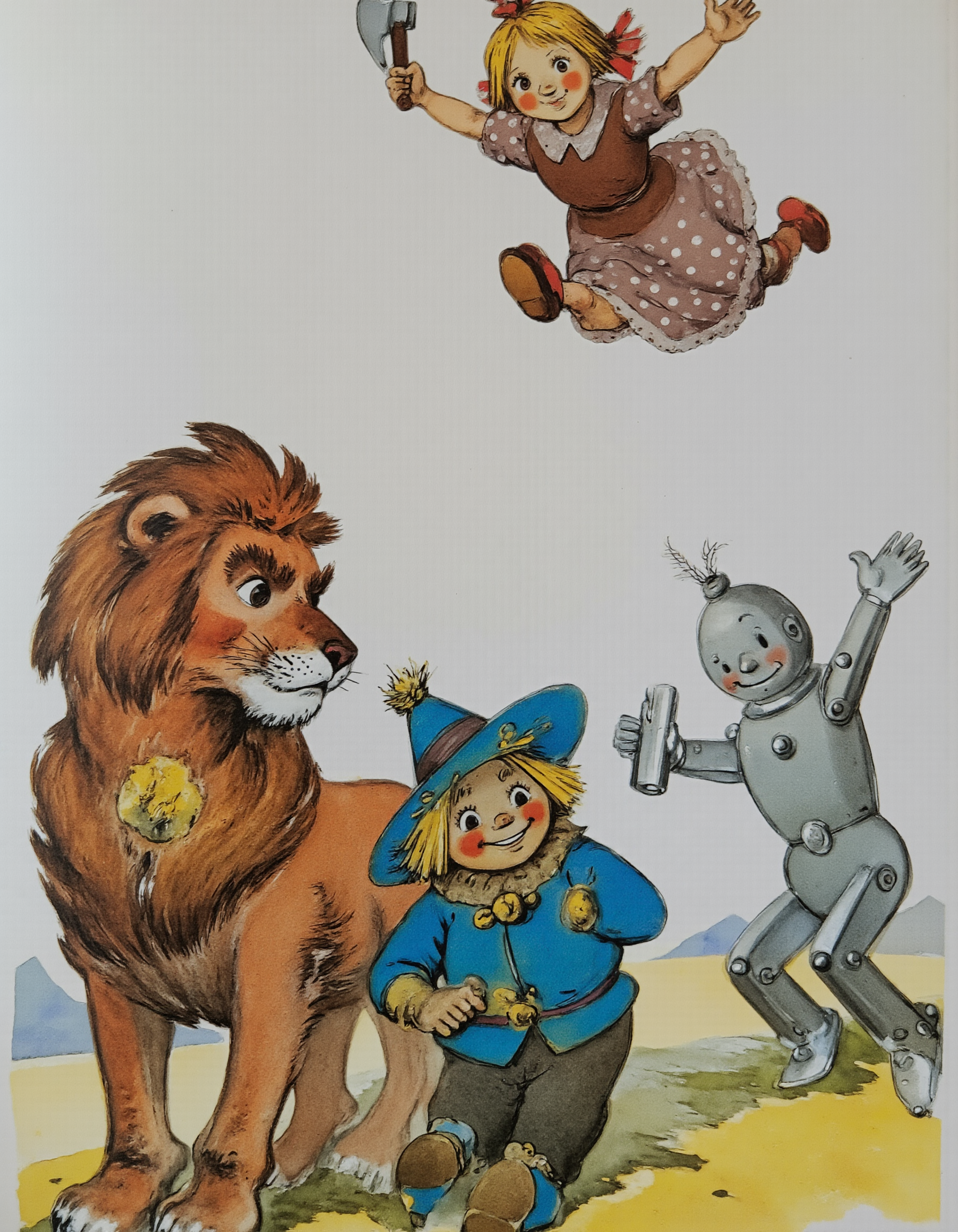 <lora:lv:1>, This is a whimsical, hand-drawn illustration in a cartoon style, likely inspired by the classic children's book "The Wizard of Oz." The scene features four characters: a lion, a scarecrow, a tin man, and a young girl. The background is a pale yellow with a few faint mountain silhouettes, suggesting an open, expansive setting., 
In the foreground, the lion stands on the left, with a large, expressive face and a mane of brown fur. It has a white snout and paws and is wearing a blue tunic with a yellow trim. To the right of the lion stands the scarecrow, dressed in a blue hat with a yellow band, a blue coat, and yellow pants. The scarecrow has a cheerful, wide-eyed expression and a yellow face with a small black nose., 
Next to the scarecrow is the tin man, who appears to be in mid-motion, with a silver body, a blue hat, and a red shirt. His arms are extended, and he is holding a small axe in one hand. To the right of the tin man, the young girl, Dorothy, is depicted in mid-air, wearing a brown dress with white polka dots, a white pinafore, and red shoes. She has