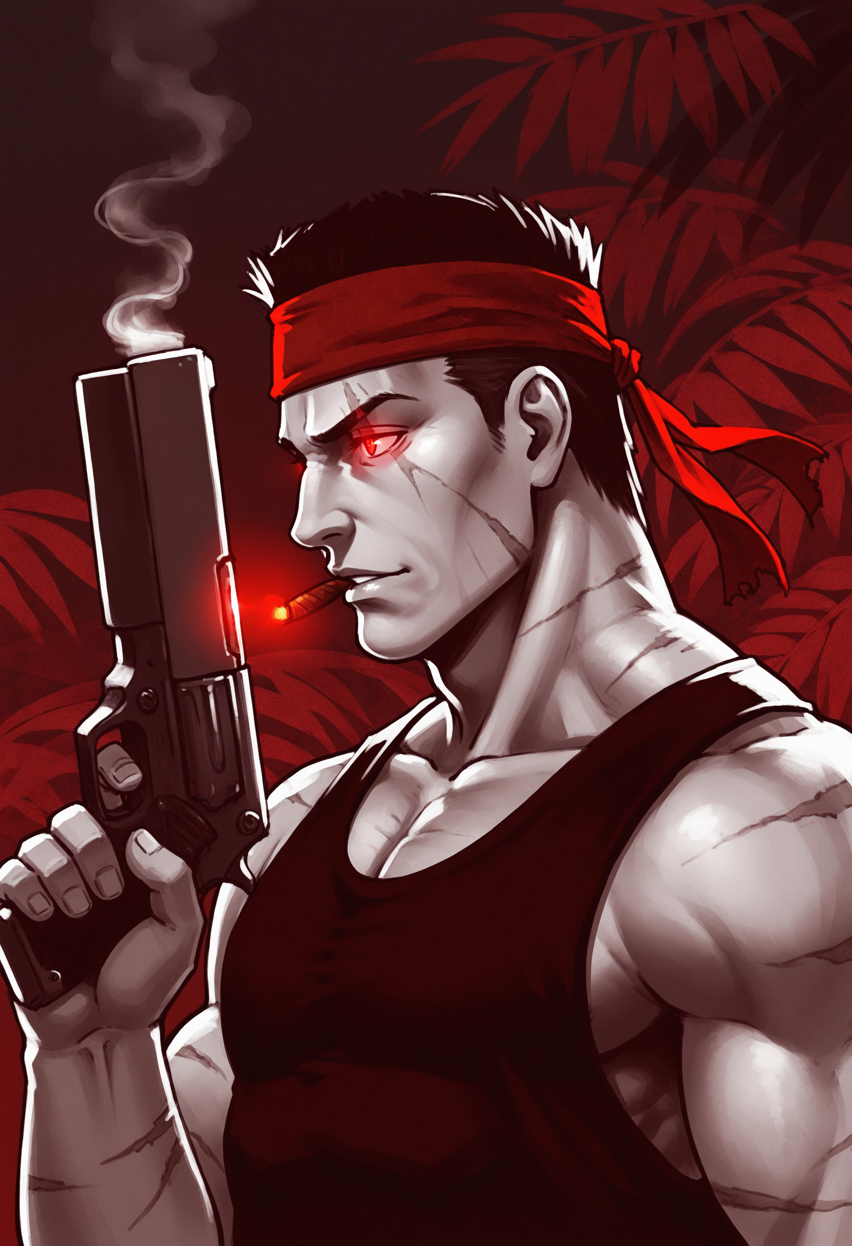 side view, red theme, monochrome, masterpiece, best quality, SlyMAAAHrbo, 1boy, manly, muscular, tank top, scars, red bandana, holding pistol:1.2, cigar, smoke, red eyes, glowing eye, dark background, portrait, profile, jungle background, 
BREAK, high quality, masterpiece, beautiful, <lora:SlyMAAAHrboV.01-000014:0.7>