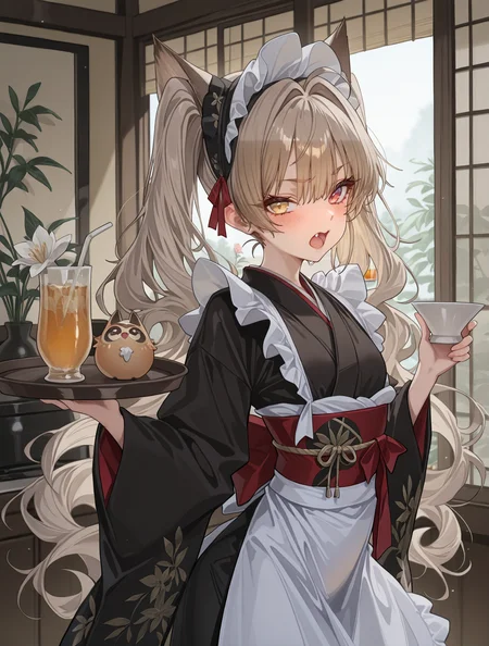 perfect quality,high quality,masterpiece,best quality,amazing quality,very aesthetic,absurdres,
wavy shoulder-length hair,khaki hair,inuitoko,heterochromia,japaneseclothes,wamaid,twintails,animalears,lowtwintails,kimono,maidheaddress,widesleeves,maid,dogears,flower,apron,obi,lookingatviewer,tray,openmouth,drinkingglass,sash,holdingtray,veryfrills,longsleeves,blackkimono,brownkimono,fang,whiteapron,drinkingstraw,holding,waistapron,cup,food,indoors,maidapron,drink,sweptbangs,frilledapron,blush,,
ASIC0601CYQL,<lora:ASIC0601CYQL:1>,<lora:ponyv4_noob1_2_adamW:0.6>,<lora:spo_sdxl_10ep_4k-data_lora_webui:0.6>,<lora:USNR STYLE_XL_loha:0.45>,<lora:HG2512 by CYQL:0.9>,HG2512,usnr,,