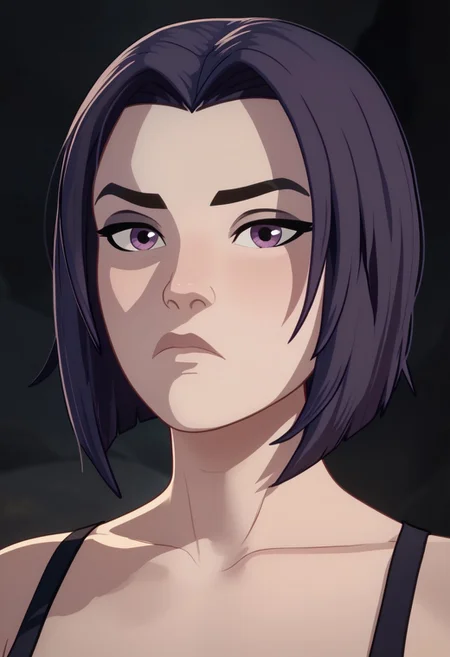 Score_9, Score_8, Score_7, TDPStyle, Raven from DC, Bust Shot, Looking at Viewer, Bored, Cave Background