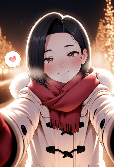 masterpiece, best quality, 1girl, solo, brown eyes, black hair, short hair, asymmetrical bangs, pov, foreshortening, upper body, winter clothes, duffel coat, red gloves, red scarf, reaching towards viewer, pov cheek warming \(meme\), blush, smile, romantic ambiance, spoken heart, <3, <lora:ChamYamadaSanaeNoob:1>