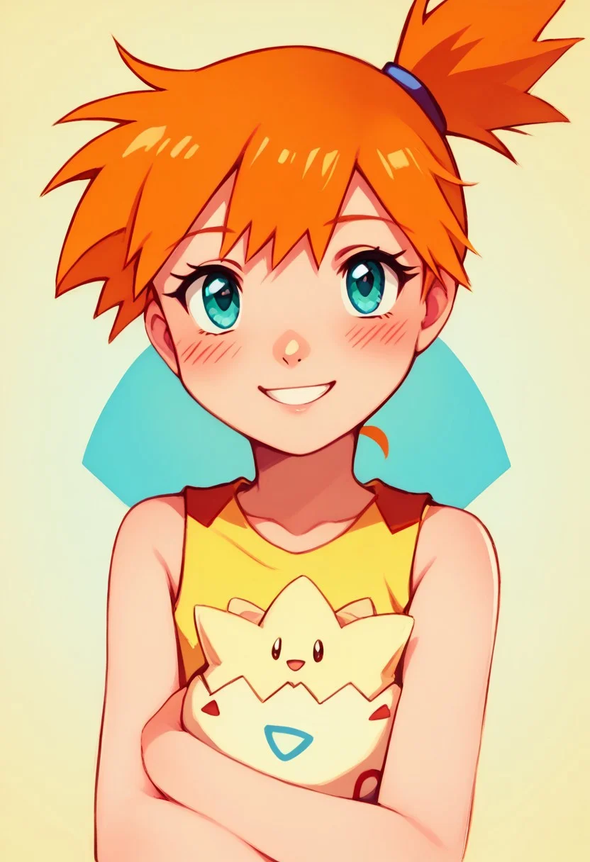 score_9, score_8_up, score_8, cute,
rating safe,
BREAK,
tgpiMsty, yellow shirt, smile, blush, leaning forward, bangs, shirt, upper body, :d, sleeveless, hair tie, source anime,
BREAK,
smile, looking at viewer,
zPDXL, Expressiveh