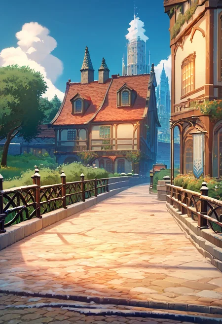 score_9, score_8_up, score_7_up, score_6_up, score_5_up, score_4_up, source_anime, official art, <lora:snowXLP:1> snow, outdoors, It is snowy, there is a lot of snow on the ground and buildings, <lora:mondstadt_background-ponyxl-v11h:1>, city, mondstadt, scenery, architecture, outdoors, building, cityscape, house, sky, blue sky, tree, plant, cloud, road, bush, railing, lamppost,