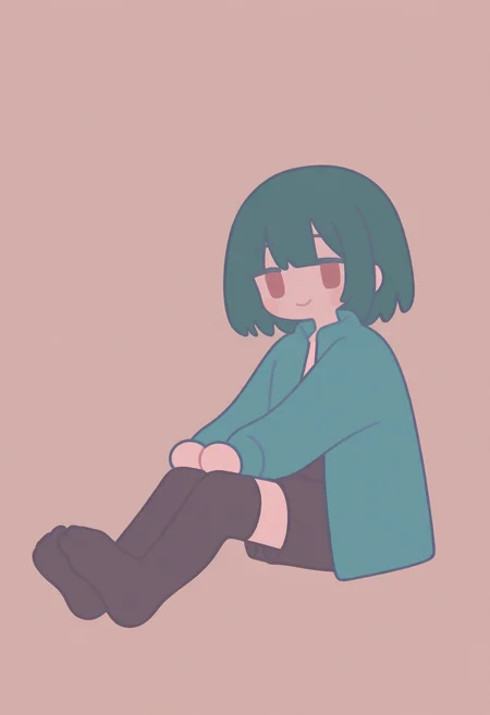 masterpiece, best quality, very aesthetic BREAK
1girl, solo, thighhighs, green hair, red eyes, black thighhighs, feet, sitting, looking at viewer, soles, jacket, green jacket, blush, smile, bangs, black shorts, closed mouth, <lora:MinimalistFlatColorXL_byKonan:0.8>