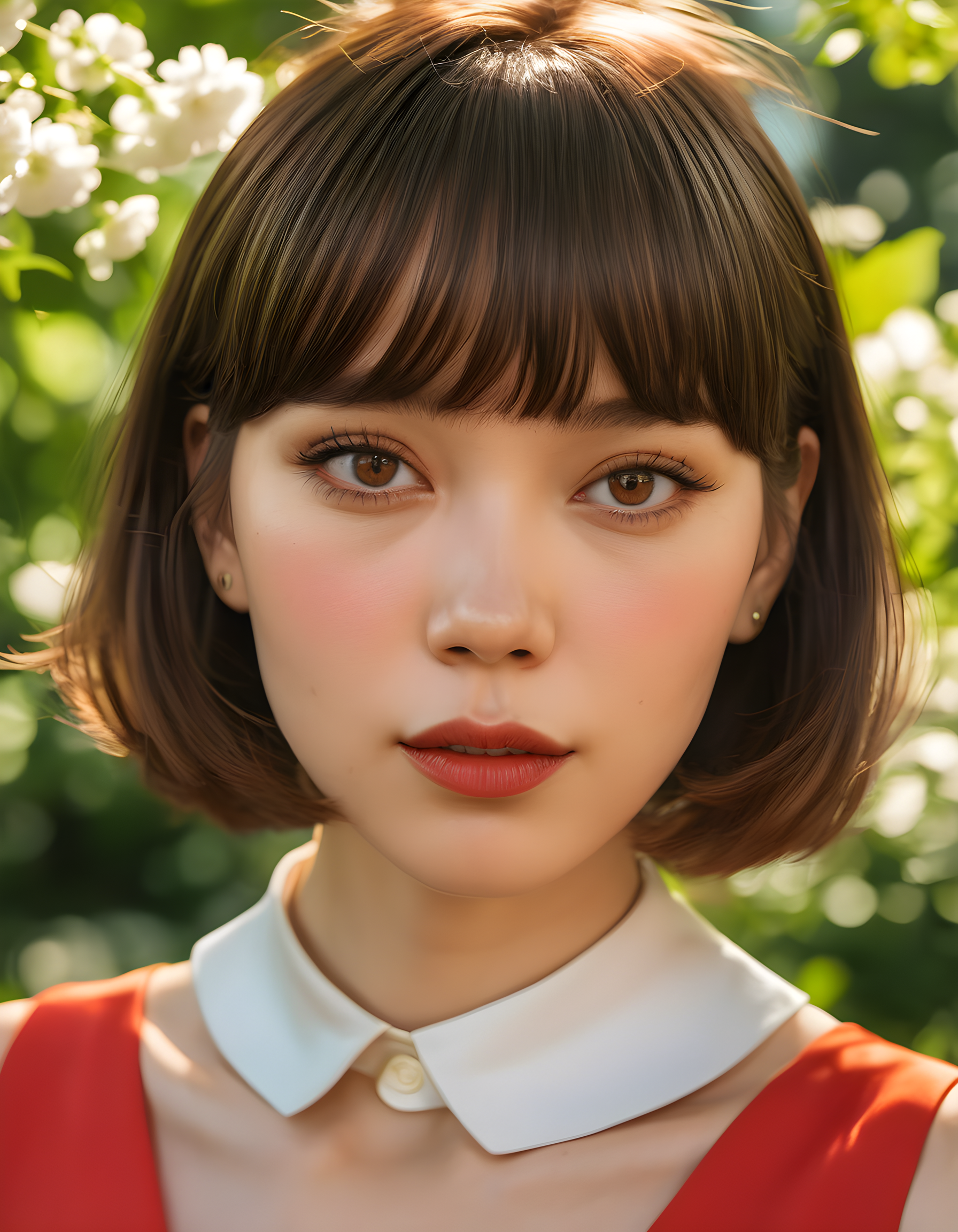In a vibrant, sunlit urban park, K1MCW, a woman with short brown hair styled with bangs and framing her angular face, is captured in a close-up shot. She wears a chic, red dress with a white collar that contrasts sharply against her deep brown eyes. Her lips are painted a bold, red shade that mirrors the dress, and she gazes directly at the viewer with an intense, focused expression, as if engaging in a thoughtful conversation. Behind her, blooming flowers and lush green foliage create a beautiful backdrop, casting dappled sunlight onto her radiant skin.